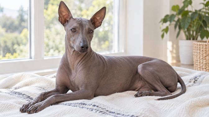 Hairless Peruvian Inca Orchid on a clean washable blanket