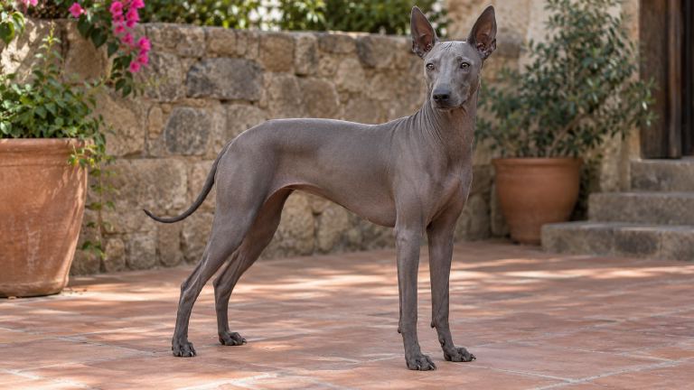 Hairless Peruvian Inca Orchid standing in a shaded courtyard