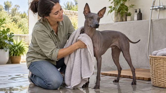 Owner gently drying a hairless Peruvian Inca Orchid