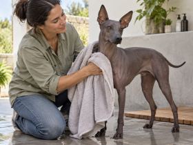 Owner gently drying a hairless Peruvian Inca Orchid