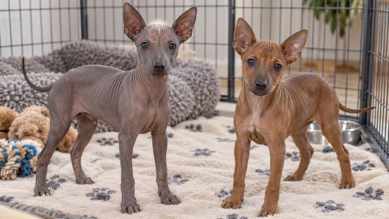 Hairless and coated Peruvian Inca Orchid puppies together