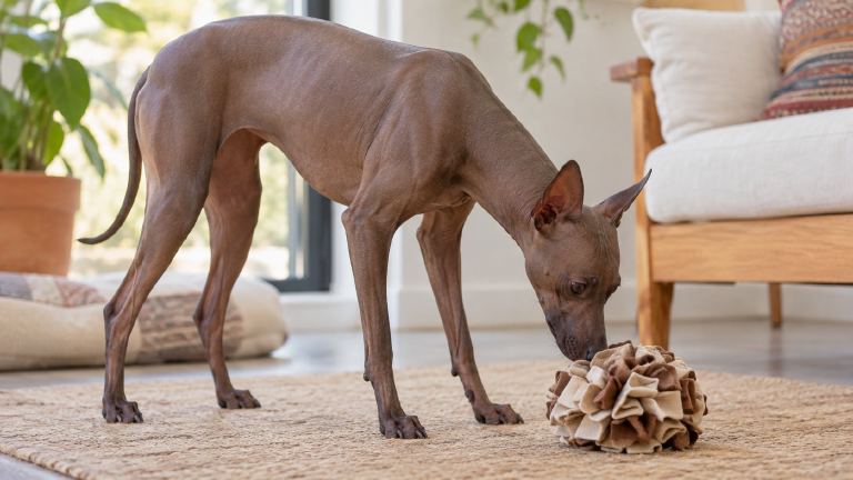 Peruvian Inca Orchid investigating a scent toy indoors