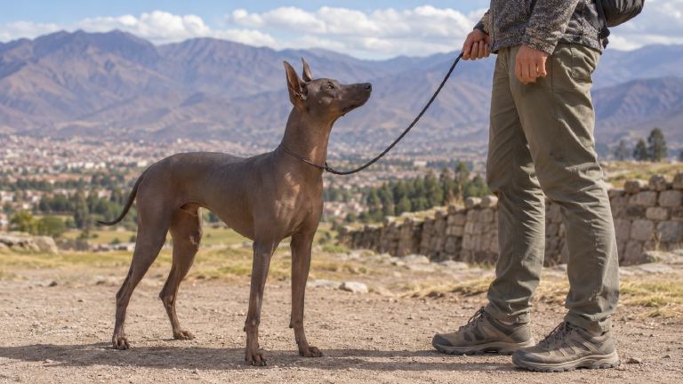 Peruvian Inca Orchid meeting an adult outdoors on leash