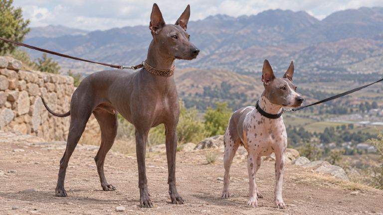 Peruvian Inca Orchid and American Hairless Terrier on separate leashes