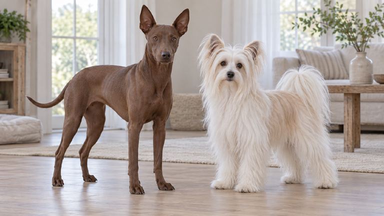 Coated Peruvian Inca Orchid beside a Powderpuff Chinese Crested